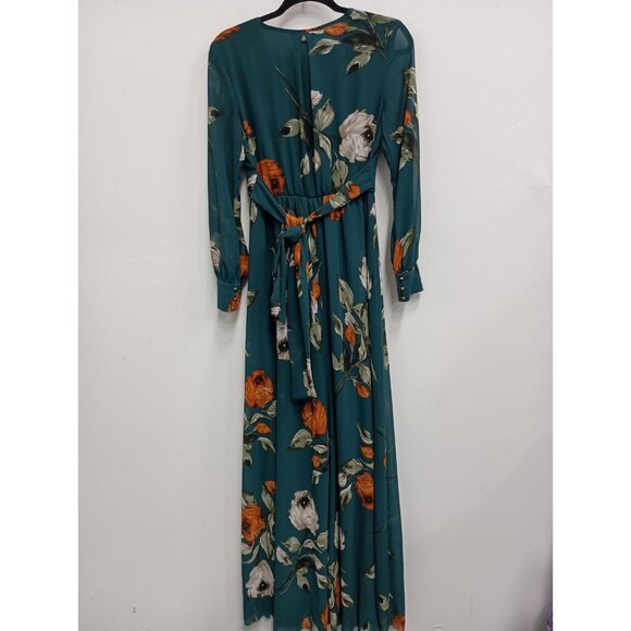 Baltic Born Maxi Dress Size Small Teal Floral BOHO Cottage Long Sleeve V-Neck - Picture 8 of 9